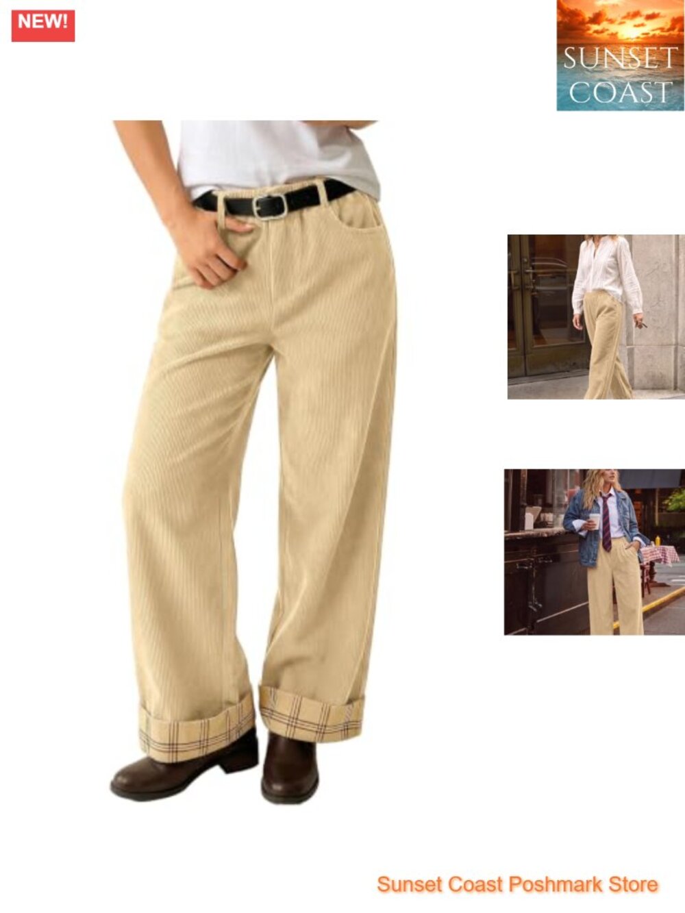 Corduroy Wide Leg Pants High Rise Pull On Casual